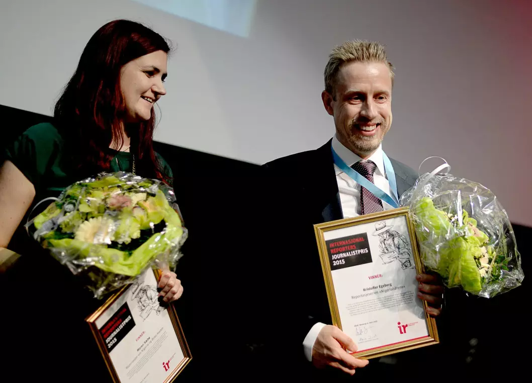 Skal jobbe sammen: Maren Sæbø og Kristoffer Egeberg - her fra da Sæbø vant IR-prisen og Egeberg SKUP-prisen i 2015.