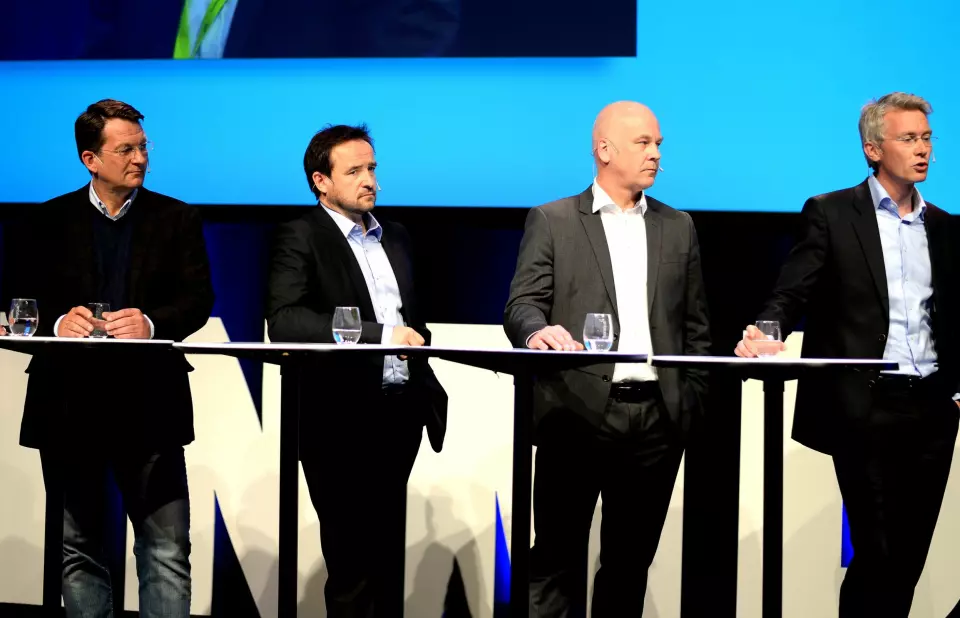 Fra TV-toppmøtet på Nordiske Mediedager våren 2015; Discovery-sjef Harald Strømme, MTGs TV-sjef Morten Micalsen, NRK-sjef Thor Gjermund Eriksen og TV 2-sjef Olav Sandnes.