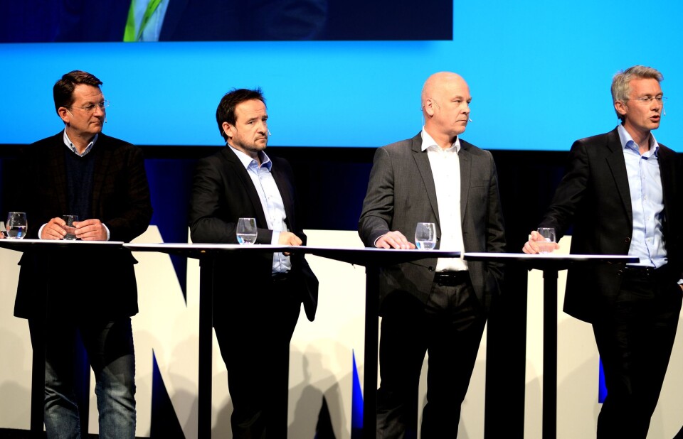 Fra TV-toppmøtet på Nordiske Mediedager våren 2015; Discovery-sjef Harald Strømme, MTGs TV-sjef Morten Micalsen, NRK-sjef Thor Gjermund Eriksen og TV 2-sjef Olav Sandnes. Fra TV-toppmøtet på Nordiske Mediedager våren 2015; Discovery-sjef Harald Strømme, MTGs TV-sjef Morten Micalsen, NRK-sjef Thor Gjermund Eriksen og TV 2-sjef Olav Sandnes.