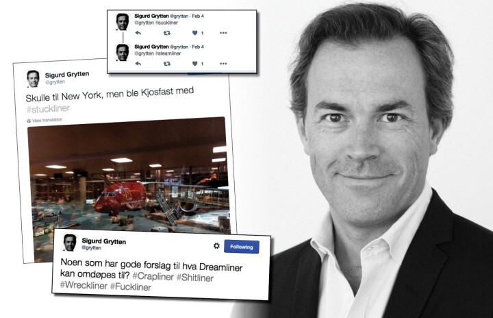 PR-rådgiver Sigurd Grytten døpte om Norwegians «Dreamliner» til #crapliner #shitliner #fuckliner