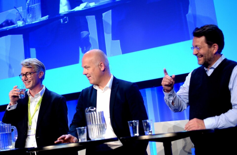 Kringkastingssjef Thor Gjermund Eriksen (i midten), her under TV-toppmøtet på Nordiske Mediedager våren 2016. Flankert av TV 2-sjef Olav Sandnes og Discovery-sjef Harald Strømme.