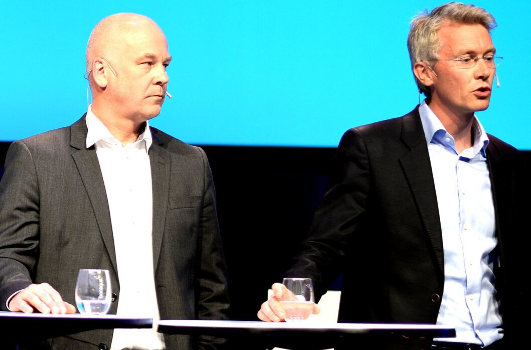 Kringkastingssjef Thor Gjermund Eriksen og sjefredaktør og adm. dir Olav T. Sandnes i TV 2. Her fra en tidligere debatt. Kringkastingssjef Thor Gjermund Eriksen og sjefredaktør og adm. dir Olav T. Sandnes i TV 2. Her fra en tidligere debatt.