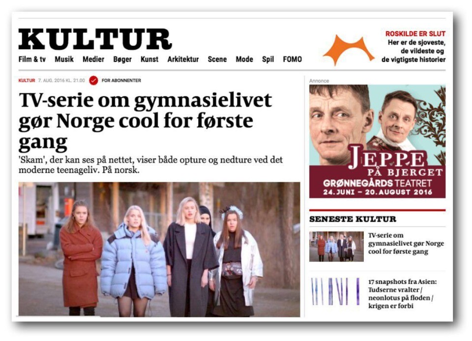 SKAM får ros i Danmark: Politiken slår fast at TV-serien «gør Norge cool for første gang»