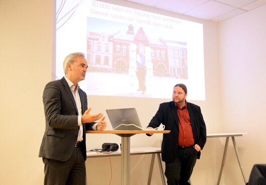 Sjefredaktør Eivind Ljøstad i Fædrelandsvennen sammen med journalist Tarjei Leer-Salvesen under en pressekonferanse da de presenterte utvidelsen av verktøyet i Oslo Media House. Sjefredaktør Eivind Ljøstad i Fædrelandsvennen sammen med journalist Tarjei Leer-Salvesen under en pressekonferanse da de presenterte utvidelsen av verktøyet i Oslo Media House.