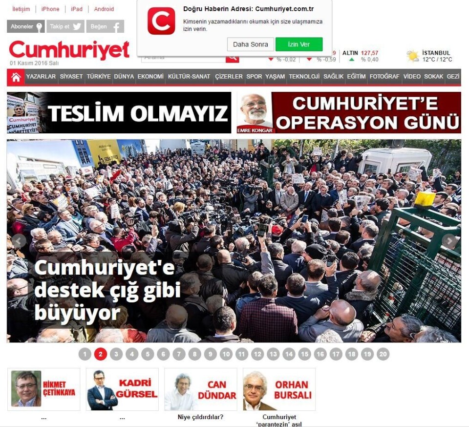 Tyrkisk avis kuppet i går, men Cumhuriyet nekter å «overgi seg»: – Erdogan tar fullstendig kvelertak på det som er igjen av fri presse