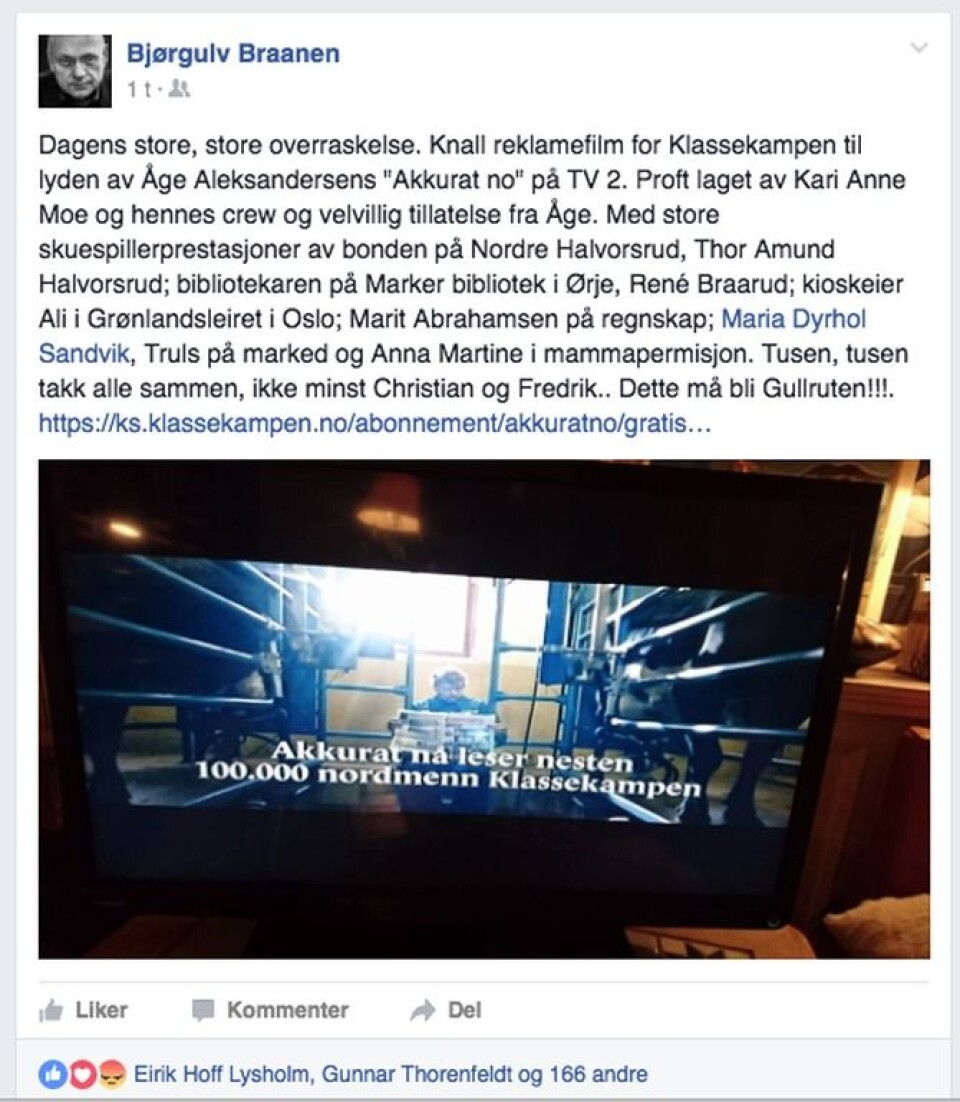 Klassekampen klinket til med tidenes 60-årsgave til Bjørgulv Braanen: Sjefredaktøren fikk oppfylt drømmen om reklamefilm på TV