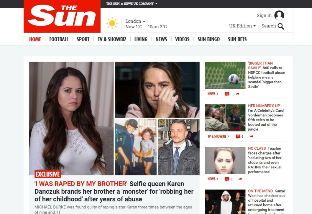Faksimile fra The Sun sine nettsider. (Faksimile) Faksimile fra The Sun sine nettsider. (Faksimile)