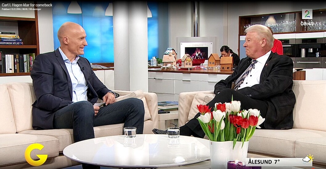 Programleder Erik Thorstvedt intervjuer Carl I Hagen. Programleder Erik Thorstvedt intervjuer Carl I Hagen.