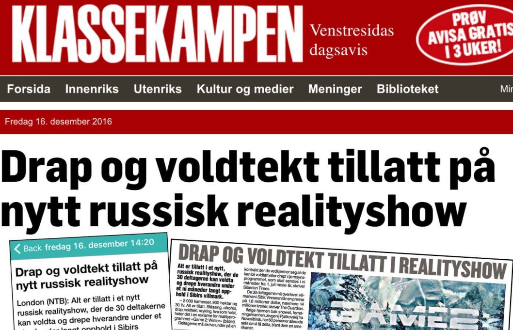 Faksimile fra Klassekampen, VG og NTB fredag. Faksimile fra Klassekampen, VG og NTB fredag.
