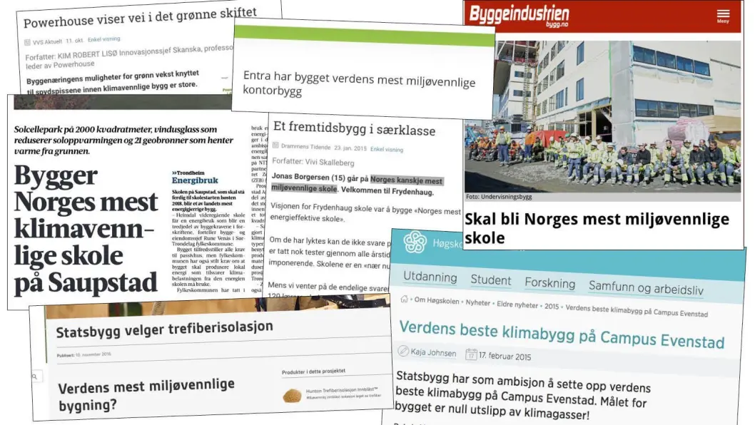 Faksimiler fra nettsider, pressemeldinger og medier som forteller om verdens mest miljøvennlige bygg. Noen av dem. Faksimiler fra nettsider, pressemeldinger og medier som forteller om verdens mest miljøvennlige bygg. Noen av dem.