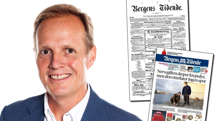 Espen Grimmert lover å abonnere på Bergens Tidende til han dør. Her med faksimiler av henholdsvis dagens avis - og en forside fra nesten 149 år siden.