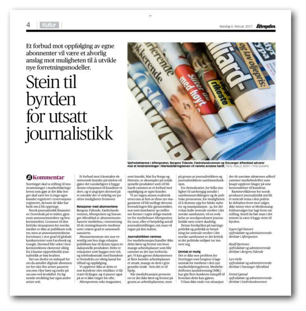 Redaktørenes kronikk i Aftenposten mandag. Redaktørenes kronikk i Aftenposten mandag.