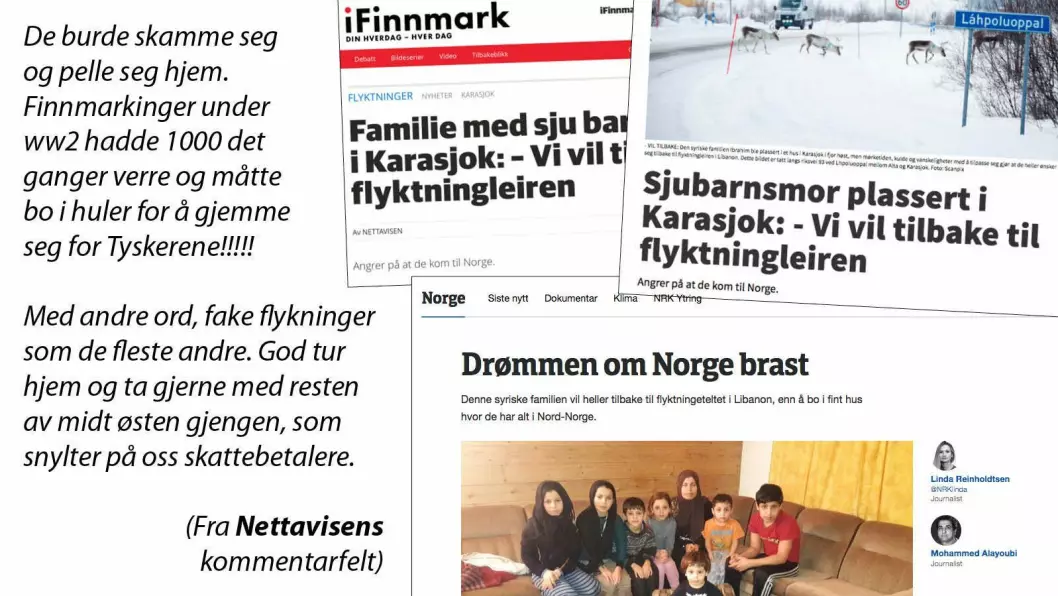 NRK, Nettavisen og iFinnmark sine saker til høyre - og til venstre noen av reaksjonene saken skapte.