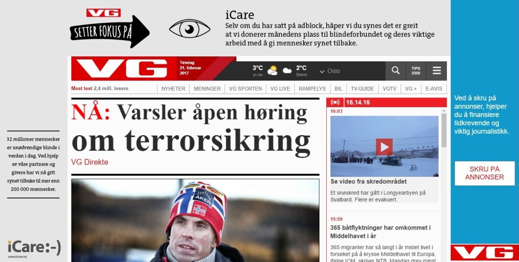 Skjermdump fra VG Nett viser at avisen har donert Skjermdump fra VG Nett viser at avisen har donert