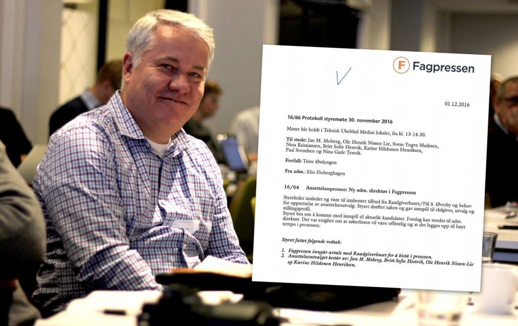 Leder Ole Henrik Nissen-Lie i ansettelsesutvalget i Fagpressen og dokumentet som beviser at styret hadde vedtak på offentlig søkerliste. Leder Ole Henrik Nissen-Lie i ansettelsesutvalget i Fagpressen og dokumentet som beviser at styret hadde vedtak på offentlig søkerliste.
