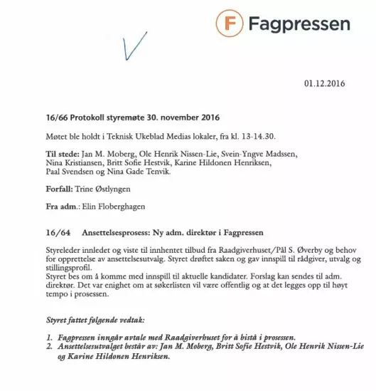 Fagpressens styreprotokoll fra 30. november 2016.