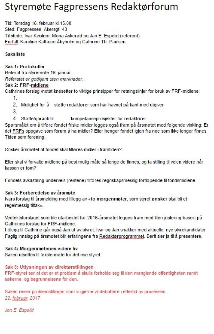 Protokoll fra Fagpressens redaktørforum sitt møte 16. februar.