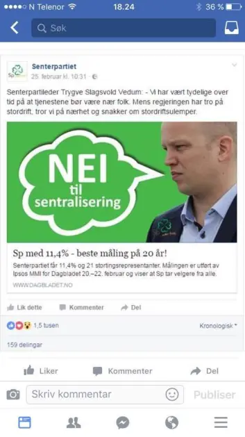 Slik delte Sp saken på sin Facebook-side. Slik delte Sp saken på sin Facebook-side.