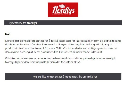 Denne e-posten kom til abonnentene som ble med på ordningen. Denne e-posten kom til abonnentene som ble med på ordningen.