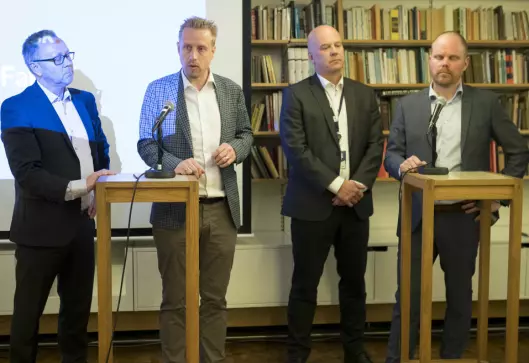 Fra Faktisk-lansering våren 2017, fra venstre: Sjefredaktør John Arne Markussen i Dagbladet, gravejournalist Kristoffer Egeberg, kringkastingssjef Thor Gjermund Eriksen, og VG-sjef Gard Steiro.