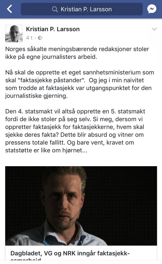 Larssons opprinnelige og nå slettede Facebook-post. Larssons opprinnelige og nå slettede Facebook-post.