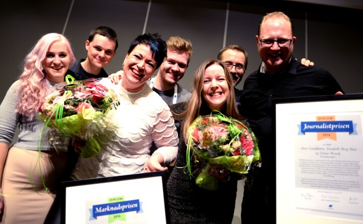 Kvinnheringen kunne juble på LLAs landsmøte fredag kveld. Fra venstre: Mona Grønningen, Vidar Håland, Merete Lilleland, Eirik Dyrøy Lotsberg, Elisabeth Berg Hass, Jonn Karl Sætre og Tomas Bruvik.