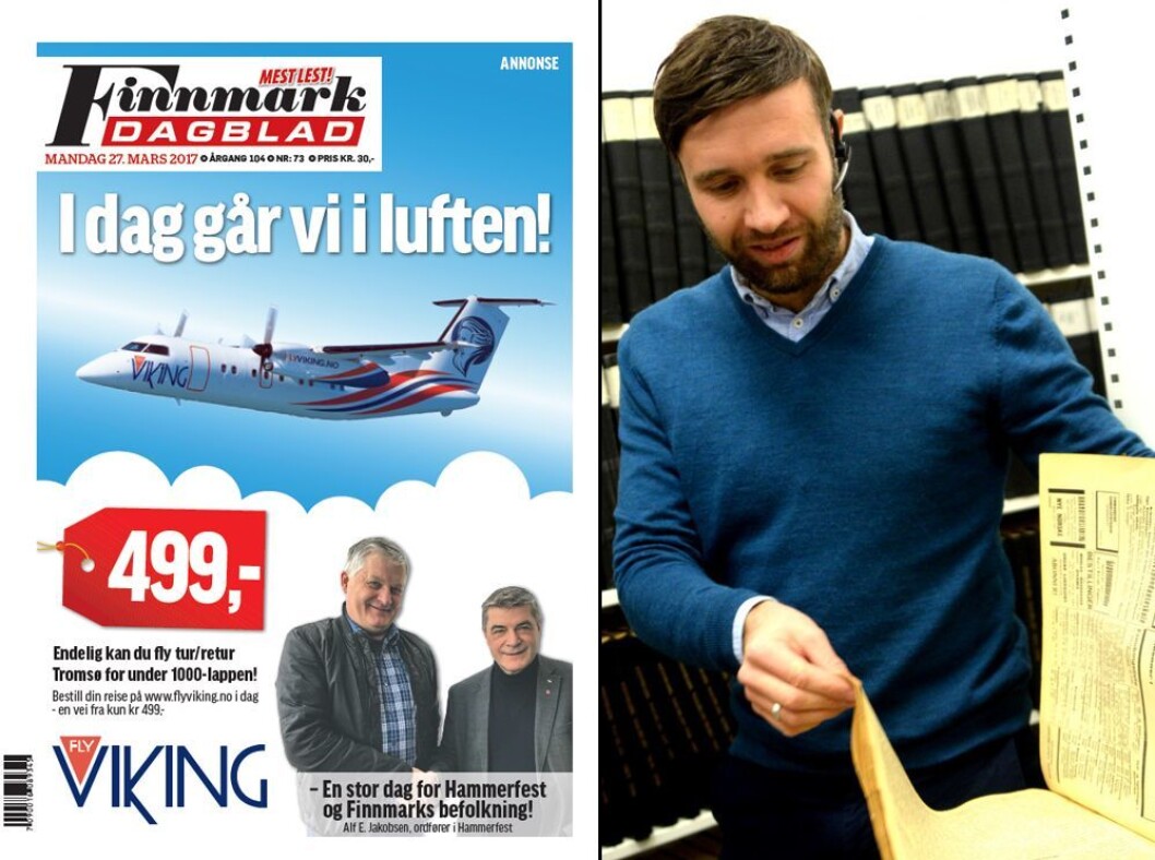 Slik ser forsiden til Finnmark Dagblad ut i dag. Til høyre: Ansvarlig redaktør Arne Reginiussen. Slik ser forsiden til Finnmark Dagblad ut i dag. Til høyre: Ansvarlig redaktør Arne Reginiussen.