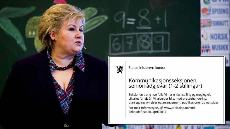 Kontoret til statsminister Erna Solberg jakter nye kommunikasjonsmedarbeidere. Stillingsannonsen bekrefter behovet for god nynorskkompetanse.