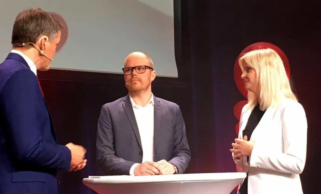 På TV 2 Nyhetskanalens jubileumsmarkering, fra venstre: Sturla Dyregrov, VG-sjef Gard Steiro og nyhetsredaktør Karianne Solbrække i TV 2.