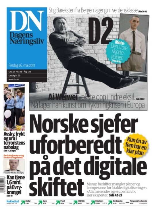 Dagens Næringslivs forside fredag 25. mai. Dagens Næringslivs forside fredag 25. mai.