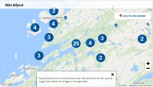 Bilde av kartløsningen til Adresseavisen. Her la folk i bilder med tekst om hva de gjorde akkurat nå. Ved å klikke på punktene, får vi opp bildet og teksten. Det er flest som har lagt inn bilde fra kommunesenteret. Bilde av kartløsningen til Adresseavisen. Her la folk i bilder med tekst om hva de gjorde akkurat nå. Ved å klikke på punktene, får vi opp bildet og teksten. Det er flest som har lagt inn bilde fra kommunesenteret.