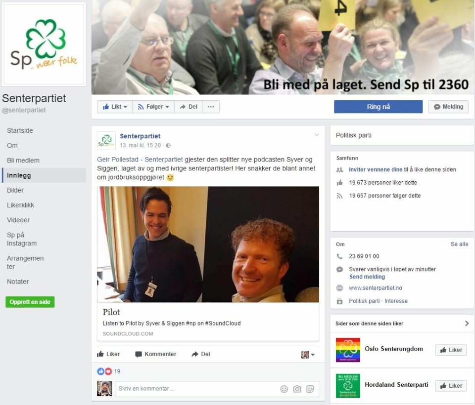 Senterpartiets Facebook-page.