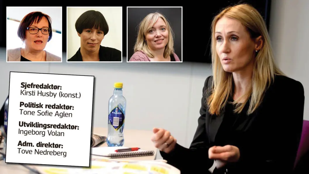 Fredag morgen ble Kirsti Husby (hovedbildet) konstituert som sjefredaktør i Adressavisen. Dermed kunne avisa presentere denne kolofonen på trykk i lørdagsavisen. Oppe, fra venstre: Administrerende direktør Tove Nedreberg, utviklingsredaktør Ingeborg Volan og politisk redaktør Tone Sofie Aglen. Fredag morgen ble Kirsti Husby (hovedbildet) konstituert som sjefredaktør i Adressavisen. Dermed kunne avisa presentere denne kolofonen på trykk i lørdagsavisen. Oppe, fra venstre: Administrerende direktør Tove Nedreberg, utviklingsredaktør Ingeborg Volan og politisk redaktør Tone Sofie Aglen.