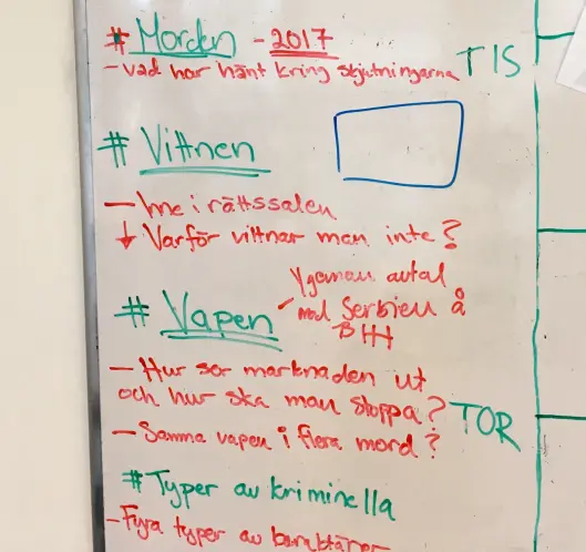 RESEARCH PÅ VEGGEN: Her ser vi et white board i i SVTs Rinkeby-kontor. Foto: Fredrik Drevon. RESEARCH PÅ VEGGEN: Her ser vi et white board i i SVTs Rinkeby-kontor. Foto: Fredrik Drevon.