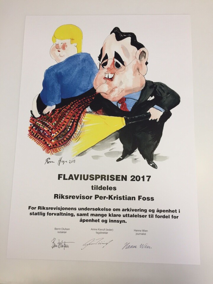 Prisdiplomet, med karikaturen av Foss.