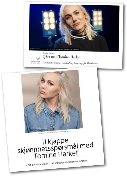 Fra Nettavisen / Side2.no og KK.no om Max Factors nye kampanje med Tomine Harket. Fra Nettavisen / Side2.no og KK.no om Max Factors nye kampanje med Tomine Harket.