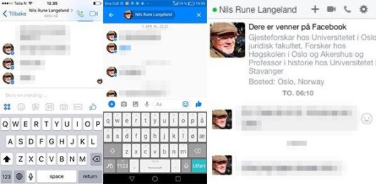 Meldingene som professor Langeland skal ha sendt til flere kvinner ble lagt ut i sosiale medier i helgen. Medier24 har valgt å anonymisere innholdet. Meldingene som professor Langeland skal ha sendt til flere kvinner ble lagt ut i sosiale medier i helgen. Medier24 har valgt å anonymisere innholdet.