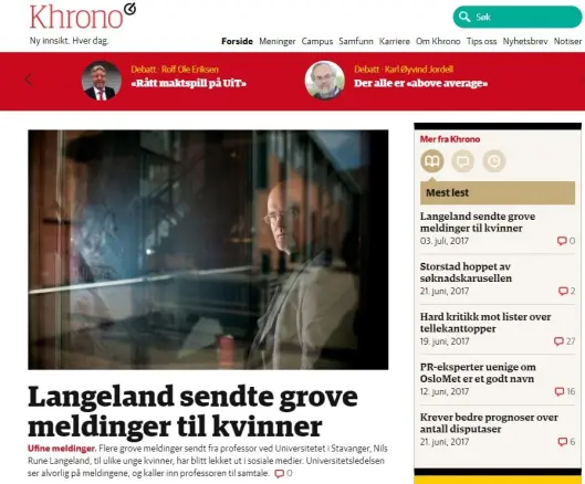 Nettavisen Khronos forside mandag viser artikkelen de publiserte om professor Langeland. Nettavisen Khronos forside mandag viser artikkelen de publiserte om professor Langeland.