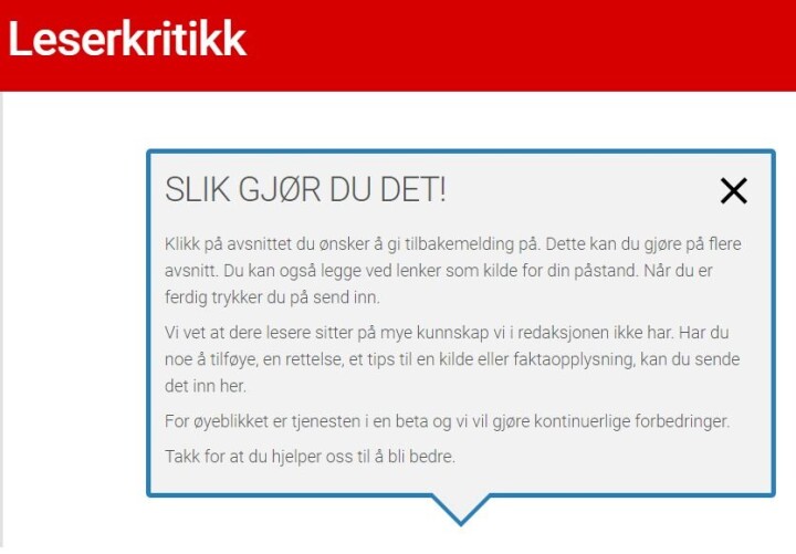 Slik ser Leserkritikk ut. Når du har opp en artikkel og trykker på knappen, så får du en oppdelt versjon av artikkelen som du kan gi tilbakemeldinger på.