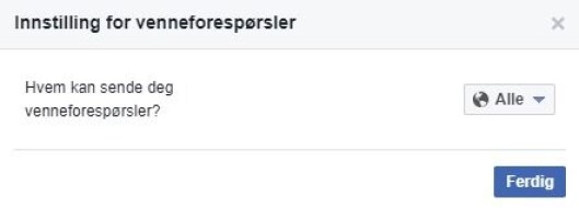 Du kan endre hvem som får sende deg venneforespørsler fra "Alle" til "Bare venners venner". Du kan endre hvem som får sende deg venneforespørsler fra "Alle" til "Bare venners venner".