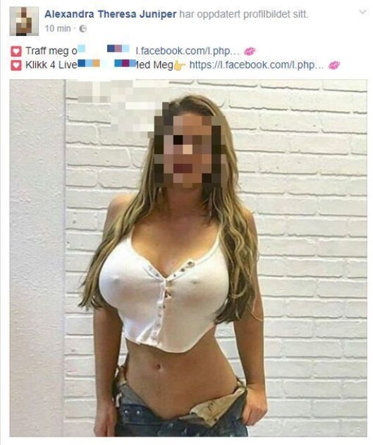 Her er en av venneforespørslene jeg fikk mens jeg skrev kommentaren. En typisk versjon der noen har stjålet et bilde av noen andre. Medier24 har sensurert ansiktet. Her er en av venneforespørslene jeg fikk mens jeg skrev kommentaren. En typisk versjon der noen har stjålet et bilde av noen andre. Medier24 har sensurert ansiktet.