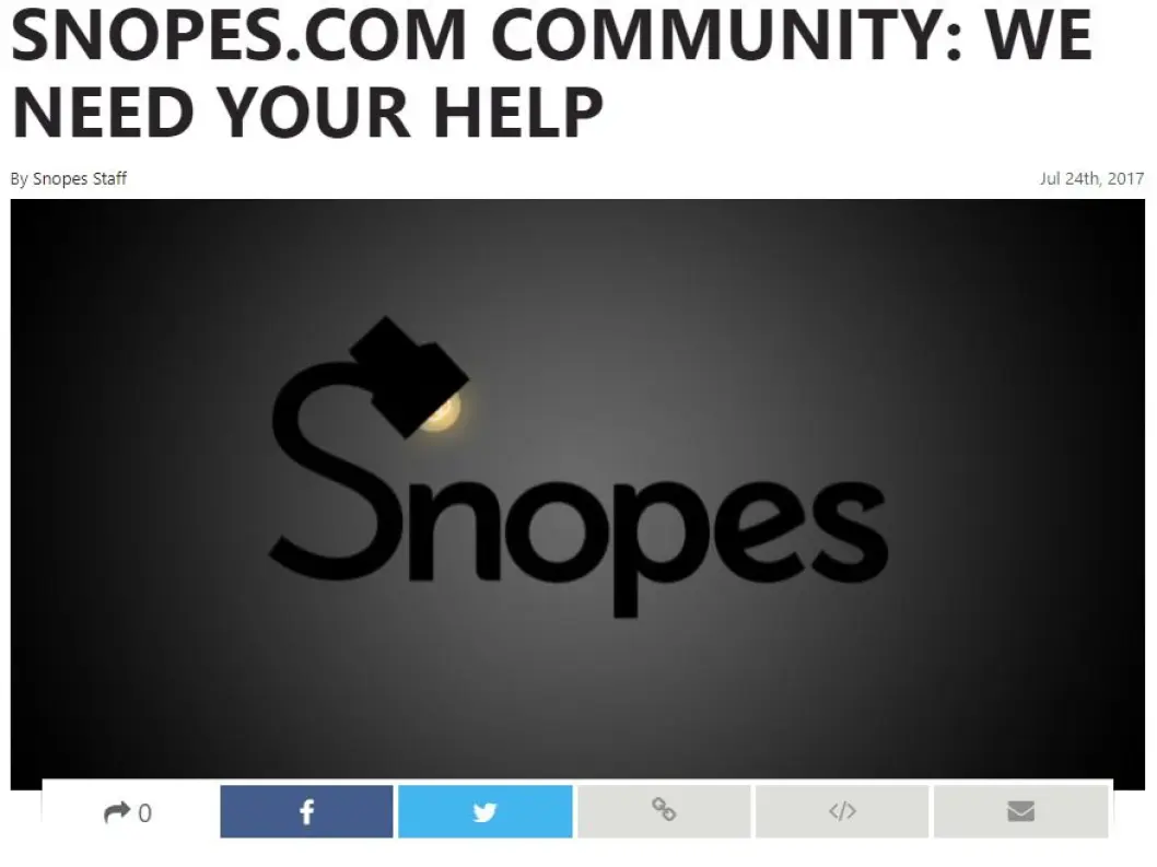 Faktasjekknettstedet Snopes.com ber leserne bidra med 10 dollar eller mer hver. Faktasjekknettstedet Snopes.com ber leserne bidra med 10 dollar eller mer hver.