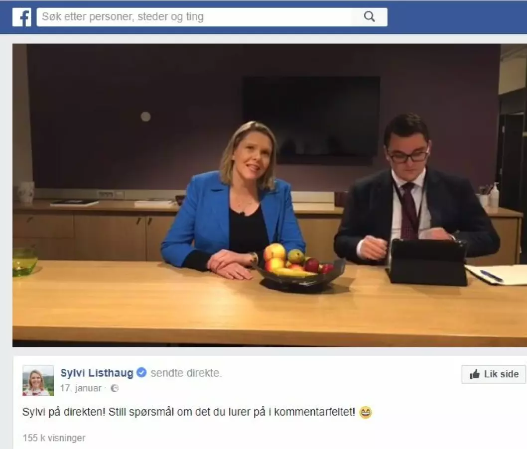 Innvandrings- og integreringsminister Sylvi Listhaug (FrP) med sin rådgiver Espen Teigen på en Facebook-direktesending i januar.