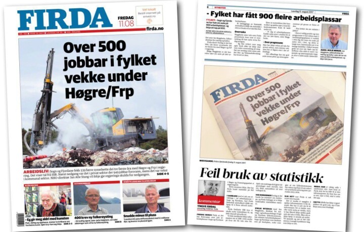 Firdas forside på fredag til venstre - og dementiet fra lørdag til høyre. Firdas forside på fredag til venstre - og dementiet fra lørdag til høyre.