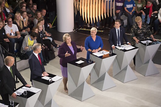Senterpartiets leder Trygve Slagsvold (f.v.), Jonas Gahr Støre (Ap), Statsminister Erna Solberg (H), Siv Jensen (Frp), Knut Arild Hareide (KrF) og Venstre-leder Trine Skei Grande under fredagens partilederdebatt i Bergen. Senterpartiets leder Trygve Slagsvold (f.v.), Jonas Gahr Støre (Ap), Statsminister Erna Solberg (H), Siv Jensen (Frp), Knut Arild Hareide (KrF) og Venstre-leder Trine Skei Grande under fredagens partilederdebatt i Bergen.