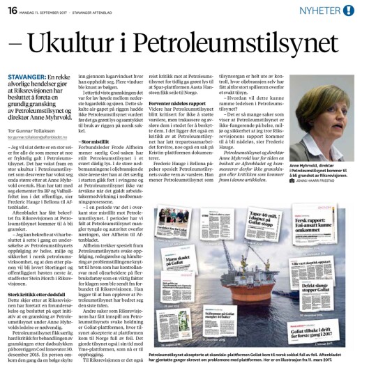 Faksimile fra Stavanger Aftenblad 11. september 2017.. Faksimile fra Stavanger Aftenblad 11. september 2017..