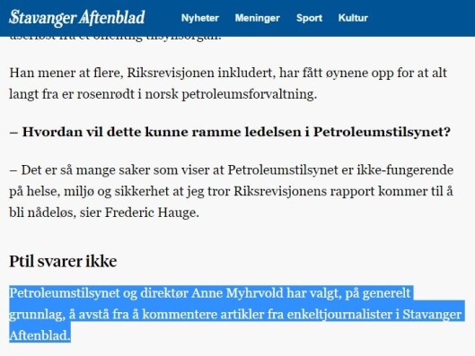 Fra Stavanger Aftenblads artikkel «Påstand om ukultur i Petroleumstilsynet granskes av Riksrevisjonen» 11/9-2017 Fra Stavanger Aftenblads artikkel «Påstand om ukultur i Petroleumstilsynet granskes av Riksrevisjonen» 11/9-2017