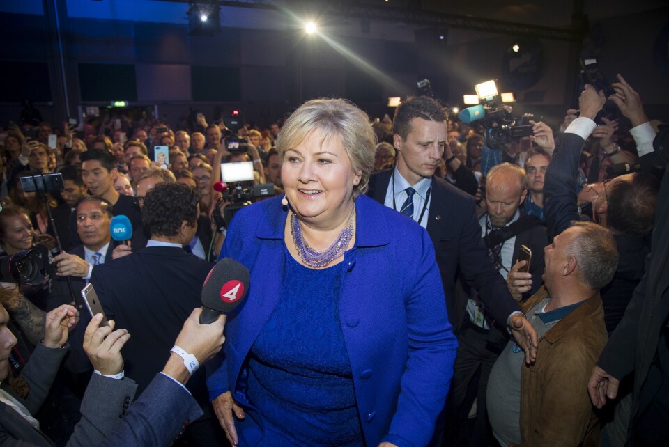 Statsminister Erna Solberg ankommer Høyres valgvake på Radisson Blu Scandinavia Hotell i Osloscanpix