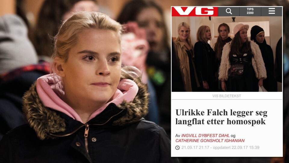 SKAM-skuespiller og samfunnsdebattant Ulrikke Falch. Her fra 8. mars-markeringen i Oslo tidligere i år. Innfelt: VGs sak om seansen på Nordiske Seriedager. SKAM-skuespiller og samfunnsdebattant Ulrikke Falch. Her fra 8. mars-markeringen i Oslo tidligere i år. Innfelt: VGs sak om seansen på Nordiske Seriedager.