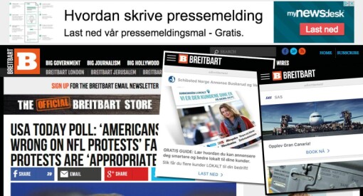 Her er noe av det som møtte oss på høyrevridde Breitbart: Annonser for Schibsted, Mynewsdesk og SAS